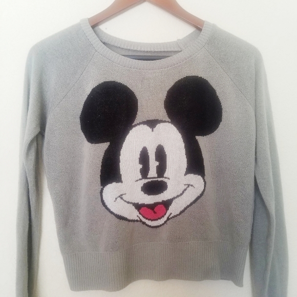 Mickey Mouse Gray Long Sleeve Crop Top Sweater - Picture 1 of 7